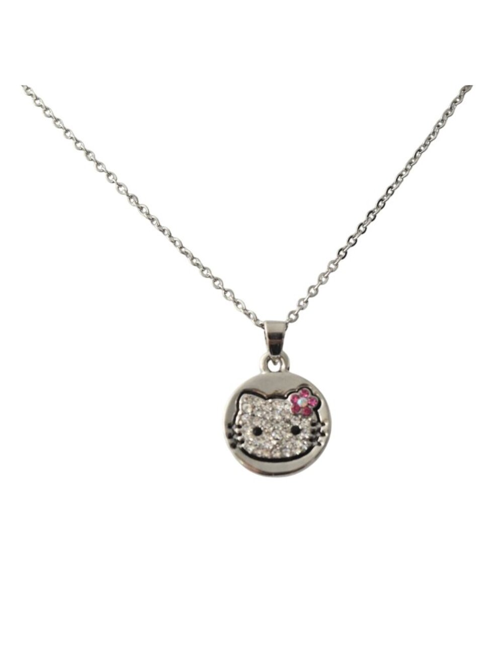 Sanrio Hello Kitty Rhinestone Pendant Necklace Silver Chain Pink Flower Charm